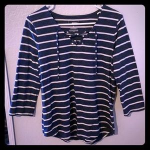 Blue and white striped shirt with long sleeves